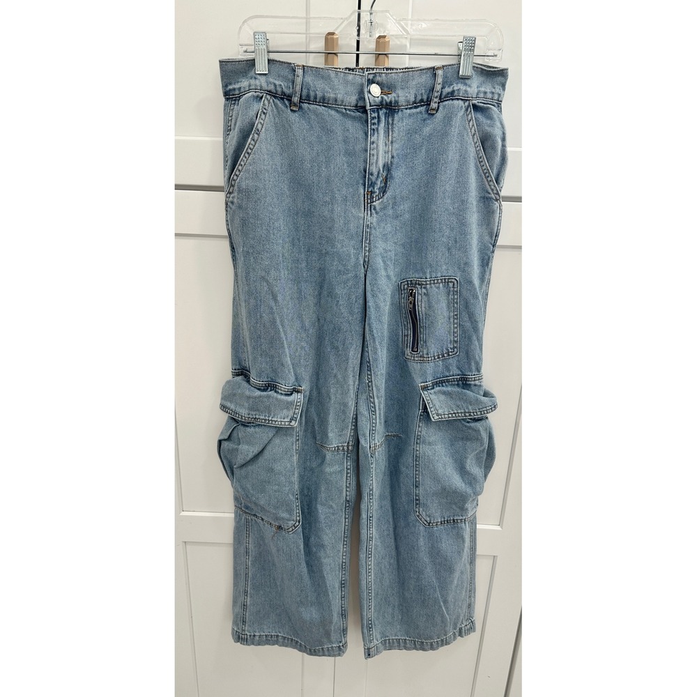 Signature Womens Light Wash Denim Cargo Pants Wide Leg High Rise Size M